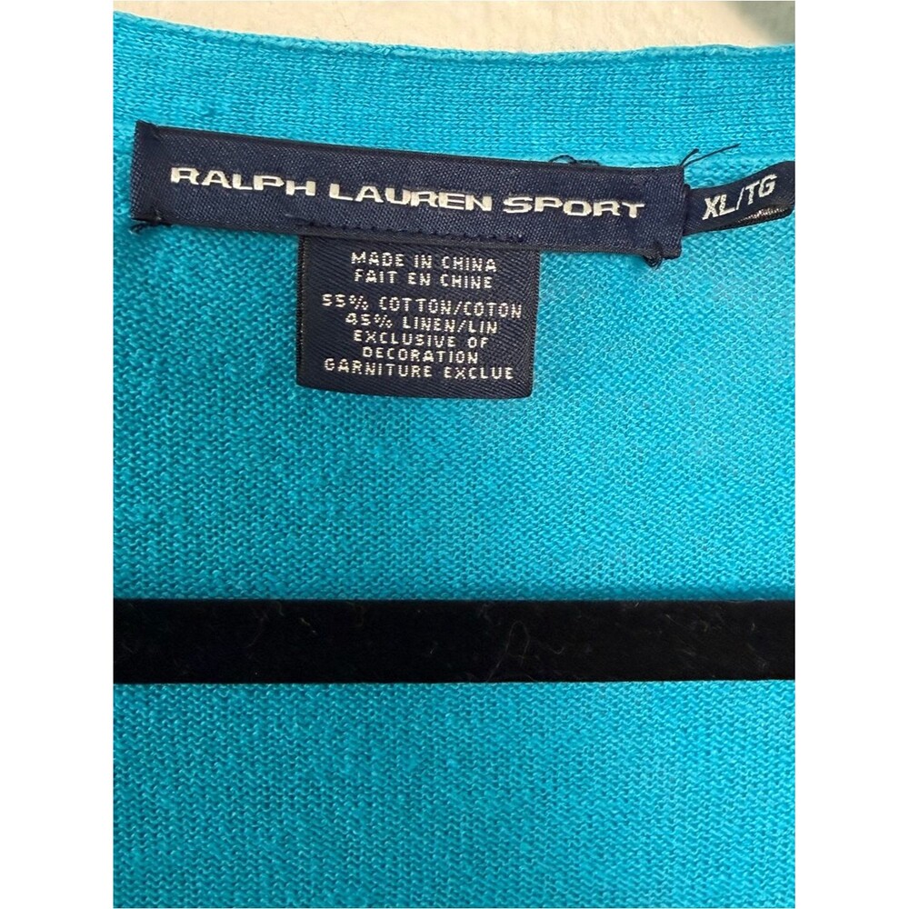 Ralph Lauren Sport Teal V-Neck Button Cardigan Cotton Linen XL Pony Logo Preppy - Picture 8 of 15